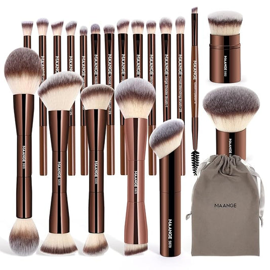 MAANGE 20 PCS Foundation Makeup Brush Set, Double-ended Kabuki Contour Brush for Liquid Powder Concealer Blending Blush Face Makeup Tools (Coffee)