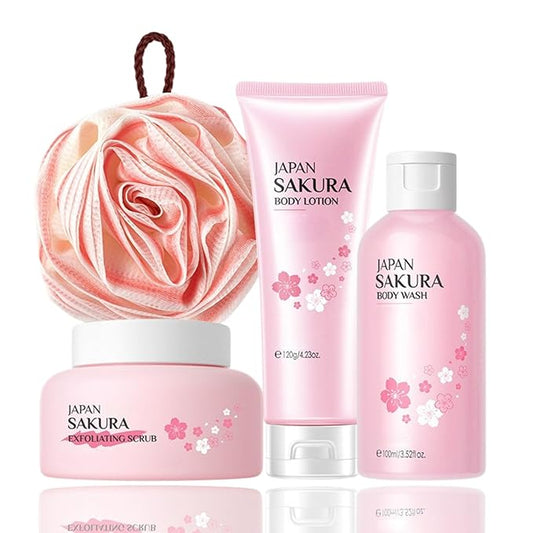 Japanese Sakura Bath Sets for Women Gift - Mother's Day Gifts for Mom - Travel Essentials for Women - Skincare for Girls 10-12 - with Scrub Body Lotion(One Size, 4PCS Sakura Scent)