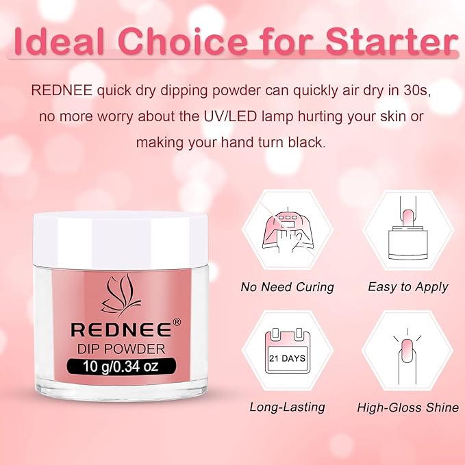 REDNEE 39pcs Dip Powder Nail Kit Starter, 30 Neutral Skin Color White Pink Dipping Powder Set with Top Base Coat Activator & Nail Brush File for Valentine's Day Nail Art Manicure Salon Gift Set RE19