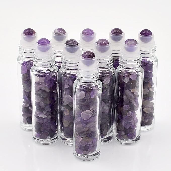Essential Oil Roller Bottle 10ml w EVA Carrying Travel Case（Clear Glass Bottle with silver Cap、10pack、Gemstone Roller Balls、Healing Crystal Chips Inside、Opener)Gemstone Roller Ball Bottles