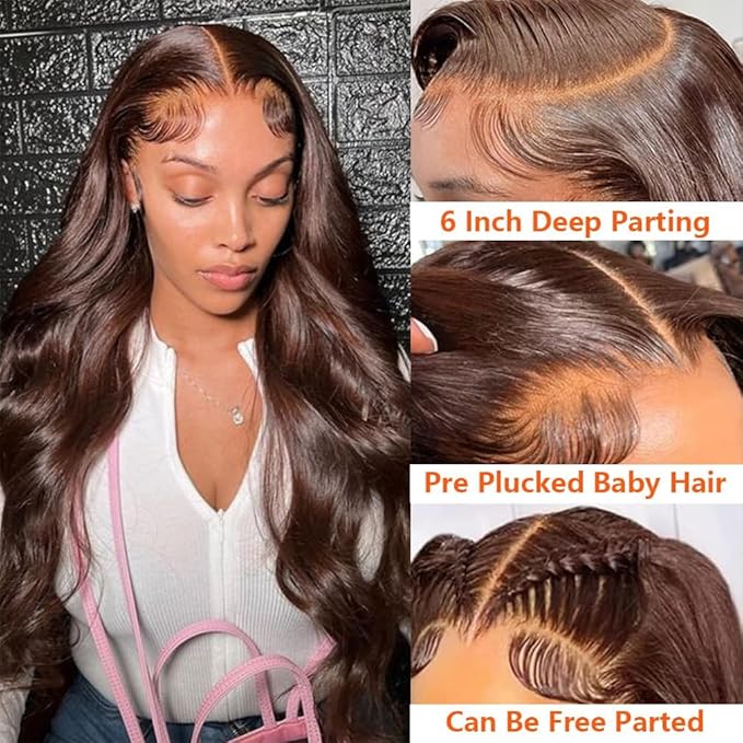 32Inch Lace front wig human hair Chocolate brown Lace Front Wig Human Hair Pre Plucked Brown Wig Human Hair Body Wave 4# Colored 13x6 Body Wave Lace Front Wigs Human Hair 200% Density