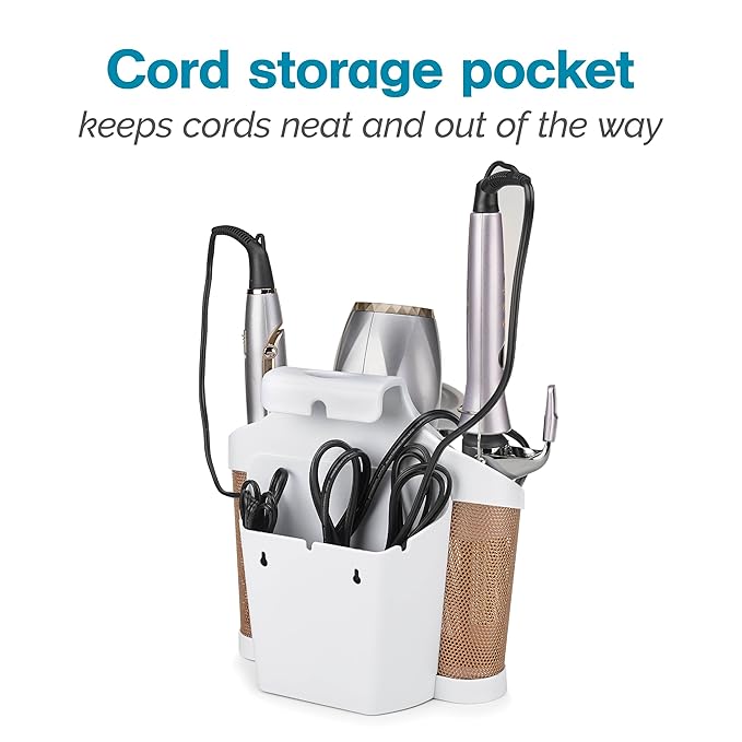 Polder Style Station, Tool Organizer for Hair Dryer, Curling Iron, and Straightener, Easy-to-Store Hair Styling Station, White and Copper