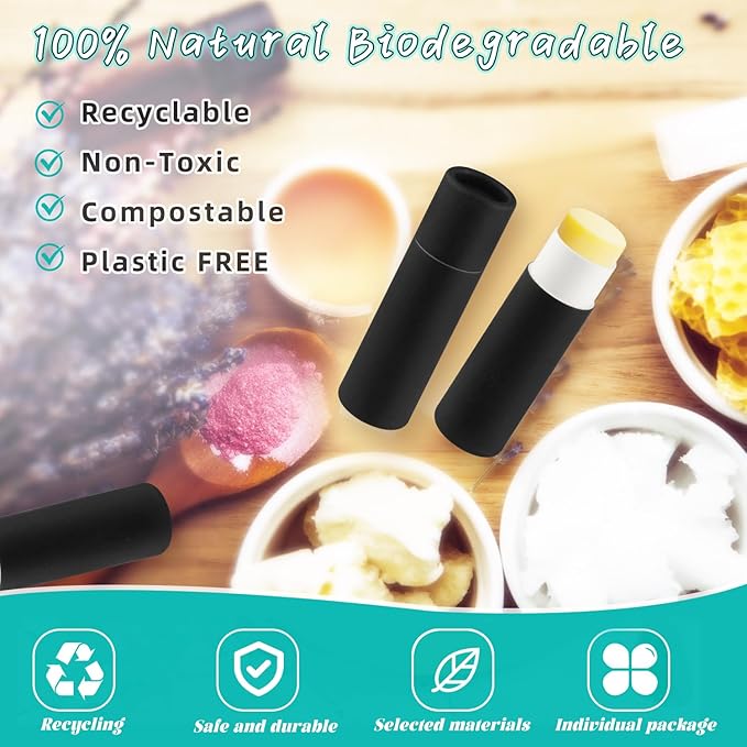 50 Pcs 0.3 oz Paperboard Lip Balm Tube,Empty Kraft Paper Chapstick Tube Holder,Push-Up Style Biodegradable Solid Perfume Lip Gloss Container for DIY Homemade Balm,Non-Plastic Container- Black