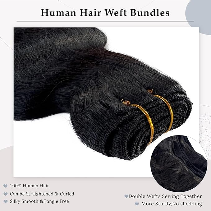 Sew in Bundles Hunan Hair Weft Extensions 12 Inch Body Wave Natural Black Hair Extensions Real Human Hair Wefts Sew in 80G Hand Tied Weft Hair Extension Human Hair Bundles Weave Extensions for Women