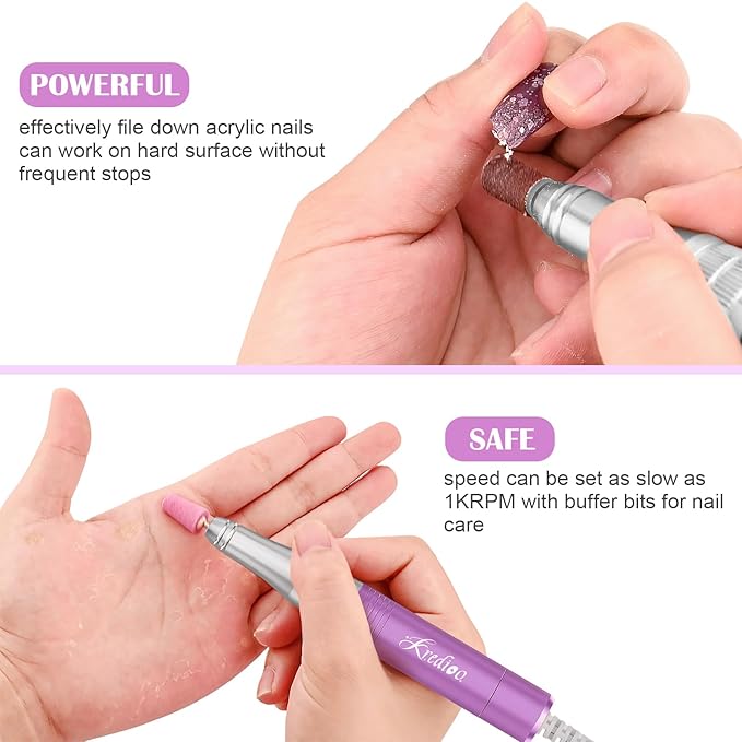 Kredioo Nail Drill, Nail Drills for Professional Acrylic Nails 35000RPM Rechargeable Portable Electric File Drill Machine with 10 Bits Set Quickly Remove Gel Polish Salon Quality Manicure-Purple