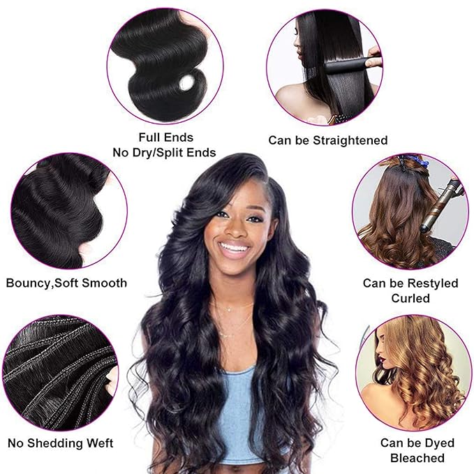 GENEROUS Body Wave Bundles Human Hair 14 16 18 Inch 100% Unprocessed Brazilian Virgin Human Hair Weave Bundles Hair Weft Body Wave Hair Extension for Black Women Natural Black