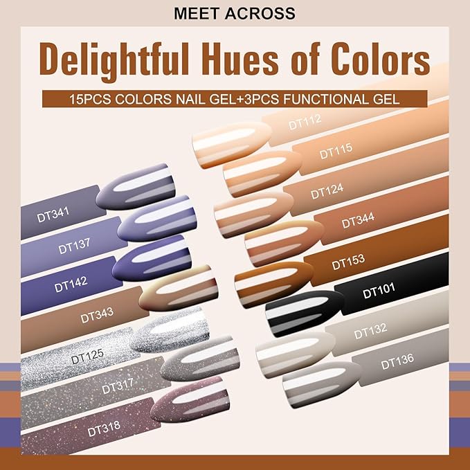 MEET ACROSS Brown Nude Gel Nail Polish Set Chocolate Gel Polish Kit All Seasons Gray Dark Tan Taupe Nail Gel Polish Soak Off UV Nail Design Home Diy Gift for Women 18pcs*7ml