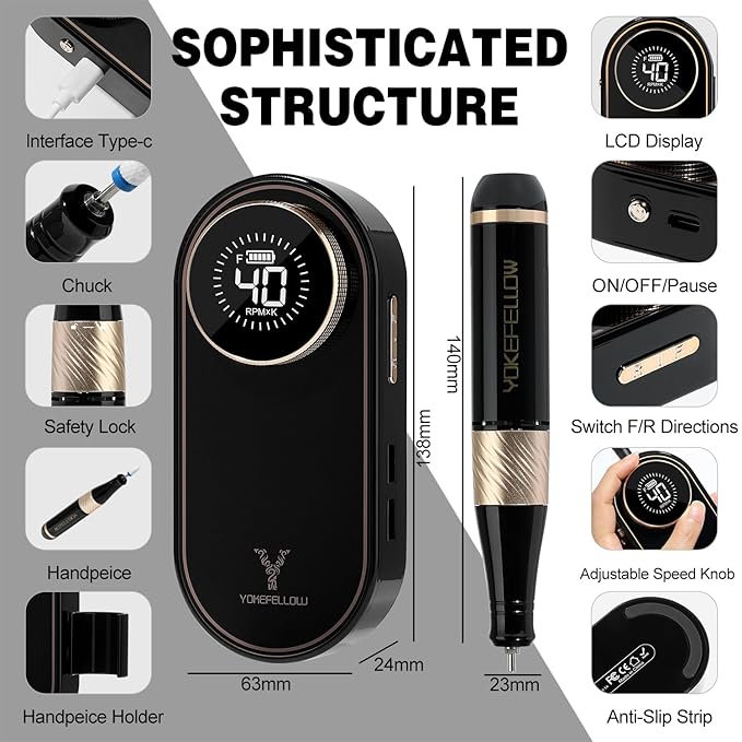 YOKE FELLOW Electric Nail File - Nail Drill Machine for Acrylic Nail Kit with Nail Dust Brush for Dip Powder Manicure Pedicure 40000RPM Rechargeable Nail Drill Gift Set for Women