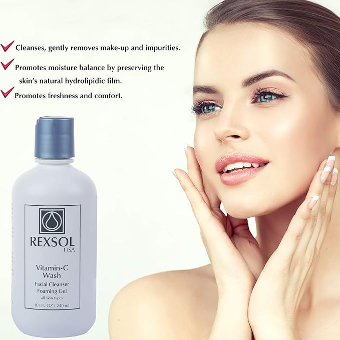 REXSOL Vitamin C Foaming Gel Face Wash | Anti-Aging Cleanser for Sensitive Skin | Natural Daily Facial Cleanser with Vitamins A & E - 8.1 OZ