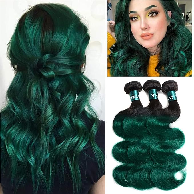 1b/Green Brazilian Body Wave Bundles 2 Tone Ombre 1 Bundle Remy Hair Body Weft Unprocessed 12A Virgin Human Hair (16", Body 1B/Green)