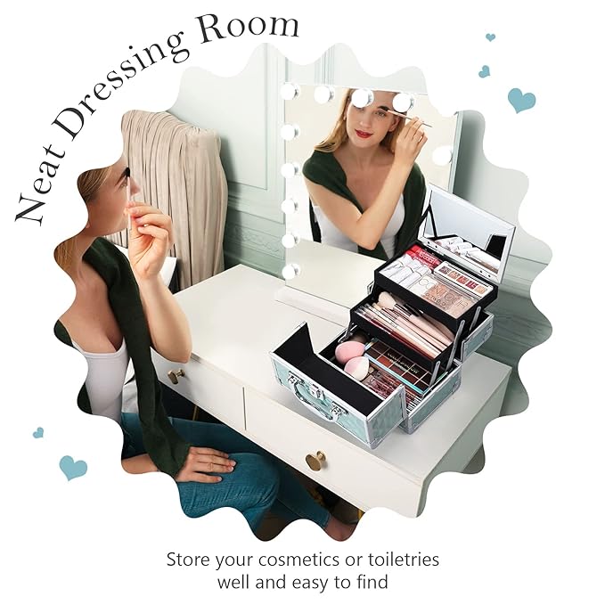 FRENESSA Makeup Case Portable Makeup Box Organizer Travel Cosmetic Case Storage with Mirror Locking Make Up Cases Organizers and Storage for Artist Nail Supplies Cosmetology Case Vanity Case Blue