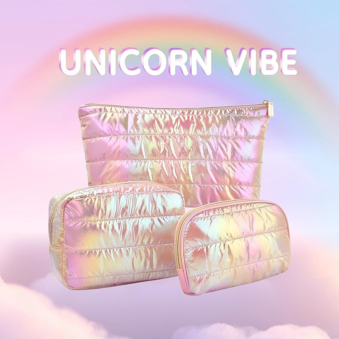 Hiroyuki 3pcs Iridescent Quilted Makeup Bag (plain, pink)