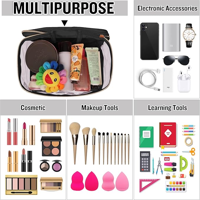 Chenille Letter Clear Makeup Bags Stuff Pouch, Preppy Patch Makeup Bag Zipper with Handle, Transparent PVC & Nylon Waterproof Glitter Cosmetic Handbag Travel Toiletry Storage for Women(STUFF-Black)