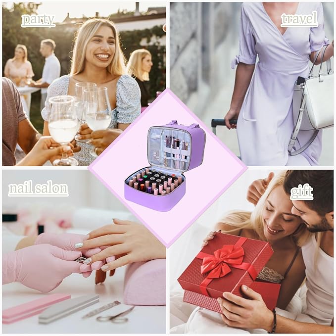 Nail polish Case, Nail Polish Organizer Bag and Nail Dryer Case Holds 30+ Bottles (15ml/0.5 fl.oz) and a Nail Lamp, Travel 2 Layer Nail Polish Storage with Sturdy Handles(Purple)