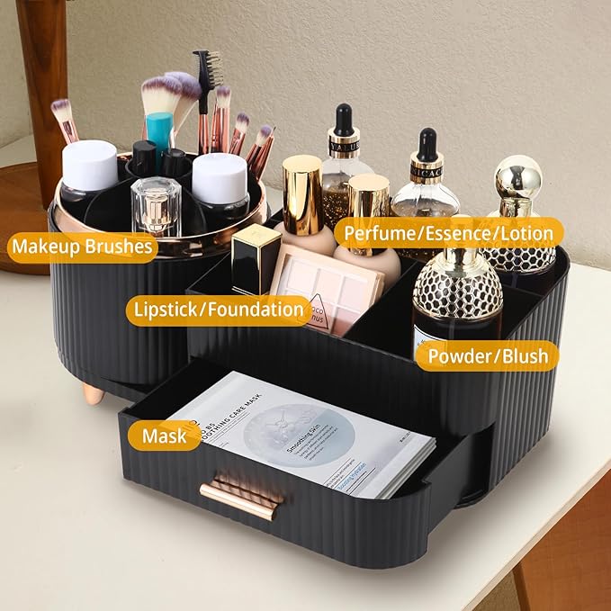 Makeup Organizer Countertop with Drawer 360 Rotating Brush Holder Storage Large Capacity Skincare Cosmetic Display Cases for Vanity Bathroom Desktop, Model 3016 Black