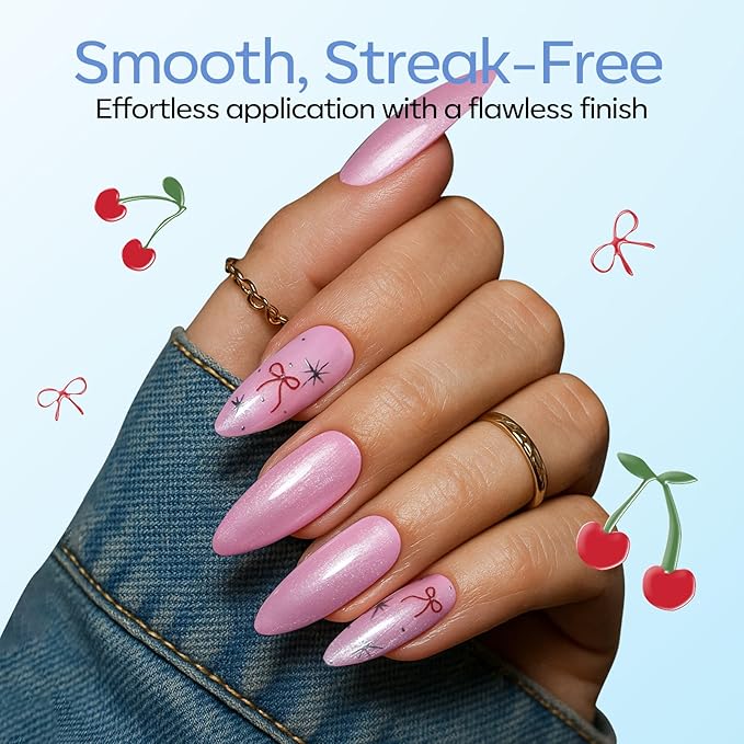 modelones Summer Gel Nail Polish Kit with U V Light, Pearl White Glitter Baby Blue Light Pink Sky Blue Manicure Set with Cherry Stickers, Base Top Coat, 4 Colors Gel Mini Salon Starter Spring Gift