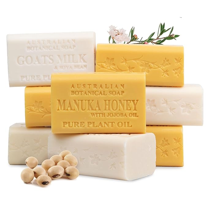Australian Botanical Goats Milk Soap and Manuka Honey 6.6 OZ, Triple Milled Bars made with a Natural Soap Base and Enriched with Organic Shea Butter, Pack of 8
