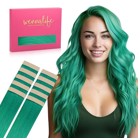 Wennalife Tape in Hair Extensions Human Hair Green Tape in Extensions, 10pcs 25g 14 inch Remy Invisible Tape Ins Straight Colored Soft Real Human Hair Tape in Extensions Refill Set Extensions