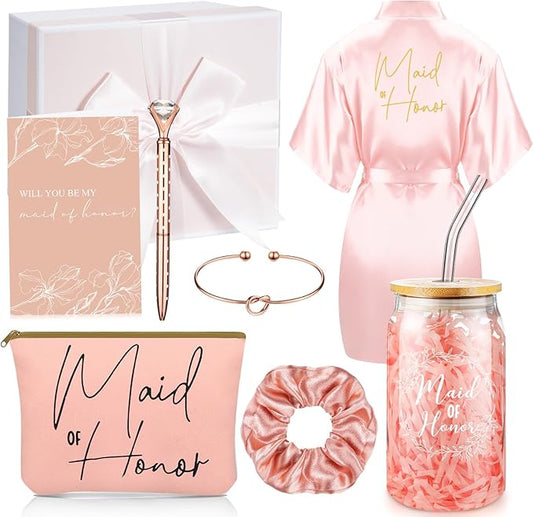 Irenare 8 Pcs Proposal Gifts Set Robes Makeup Bag Cup Cards Hair Tie Bracelet Diamond Pen Bridesmaid Gift Box(Pink,Maid of Honor)