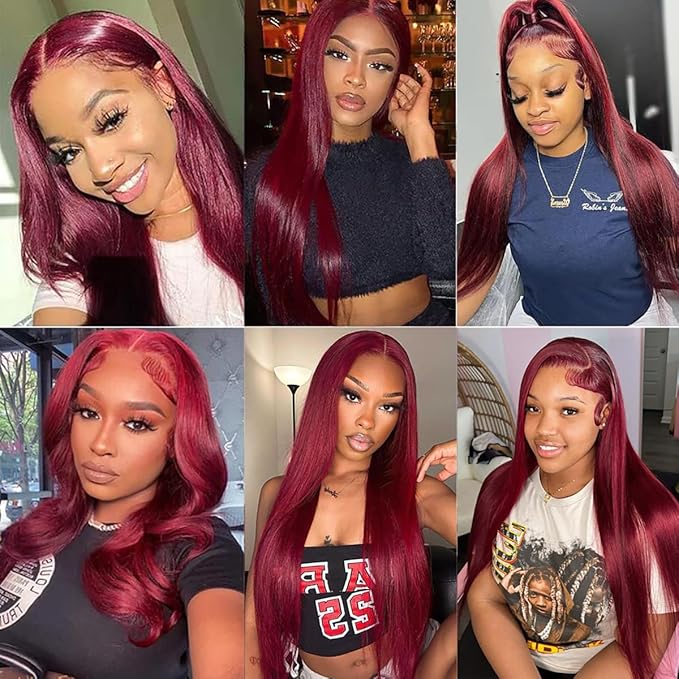 99j Burgundy Straight Lace Front Wigs Human Hair 99j Red Colored 13x4 HD Lace Frontal Wigs for Women 200% Density Glueless Wigs Human Hair Wig Pre Plucked With Baby Hair 24 Inch