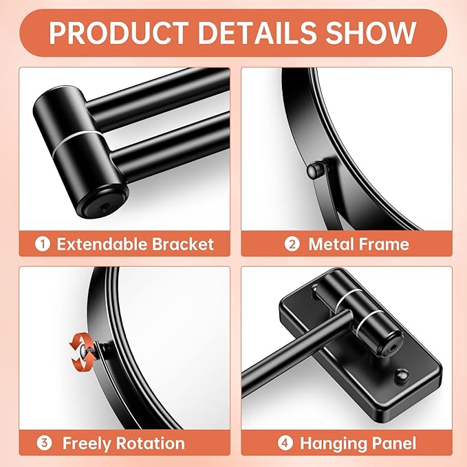 Benbilry 9" Large Size Wall Mounted Makeup Mirror, 1X/10X Magnifying Double Sided Shaving Mirror for Bathroom, 360° Swivel Extendable Arm Black