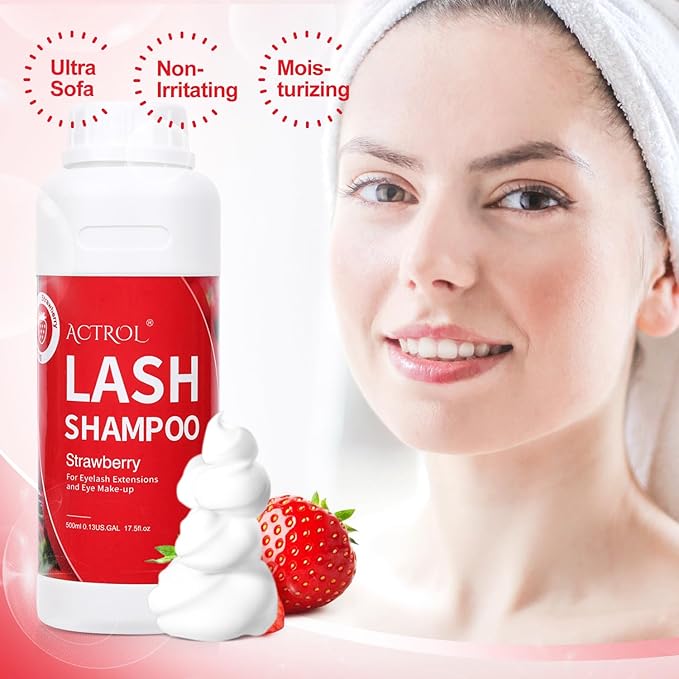 Eyelash Extension Cleanser 500ml Strawberry Natural Lash Extension Shampoo Professional Eyelid Foaming Cleanser Paraben & Sulfate Free Non-lrritating with Salon and Home Care
