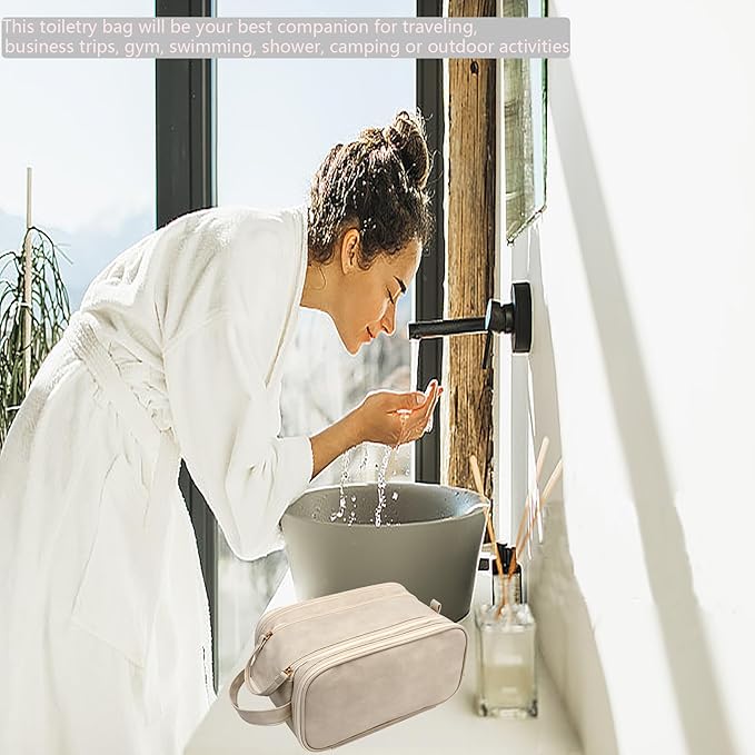 Travel Toiletry Bag for Women PU Leather Triple-layer Double Zipper Toiletry Bags,Waterproof with Handle Mens Toiletry Bag Stowable Brushes, Toiletries Makeup for Business Trips Camping Bathroom Beige