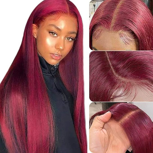 Azkiu 20 Inch 99J Burgundy Lace Front Wigs Human Hair 13x4 Straight Lace Frontal Wigs Human Hair Pre Plucked Wine Red Colored Straight Wig Human Hair Red Wig for Women 150% Density