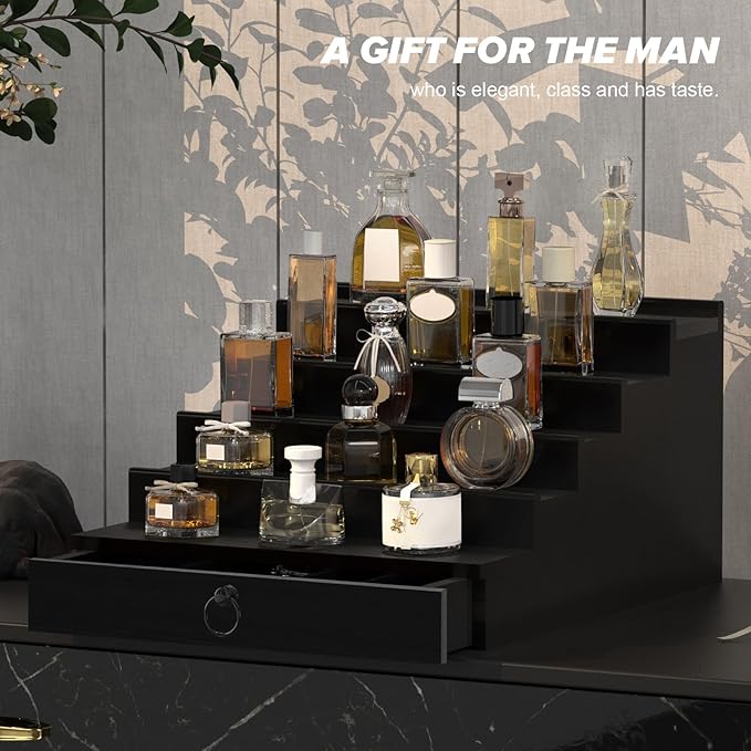 Cologne Organizer for Men, 5 Tier Black Cologne Shelf, Perfume Stand with Drawer and Hidden Compartment Perfume Display Holder - A Gift for Men