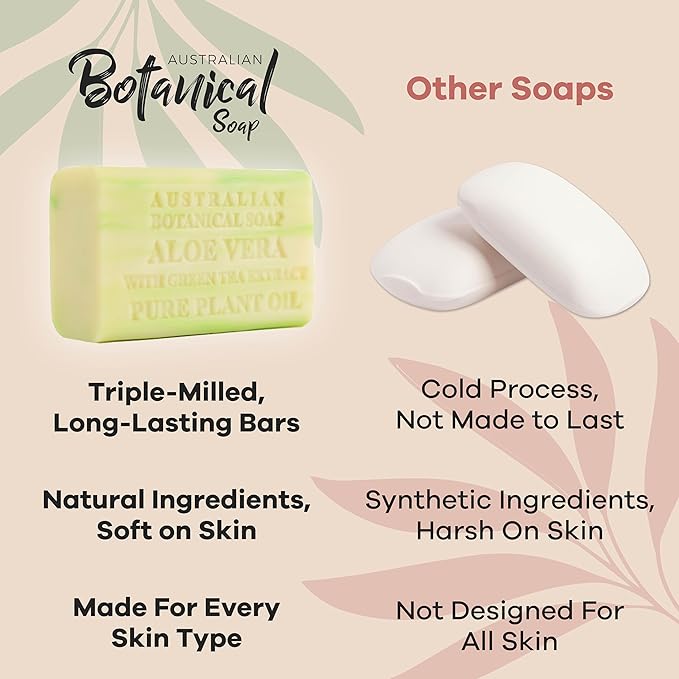 Australian Botanical Soap, 6.6 OZ, Aloe Vera and Green Tea Extract, Triple Milled Bars made with a Natural Soap Base and Enriched with Organic Shea Butter, Pack of 8