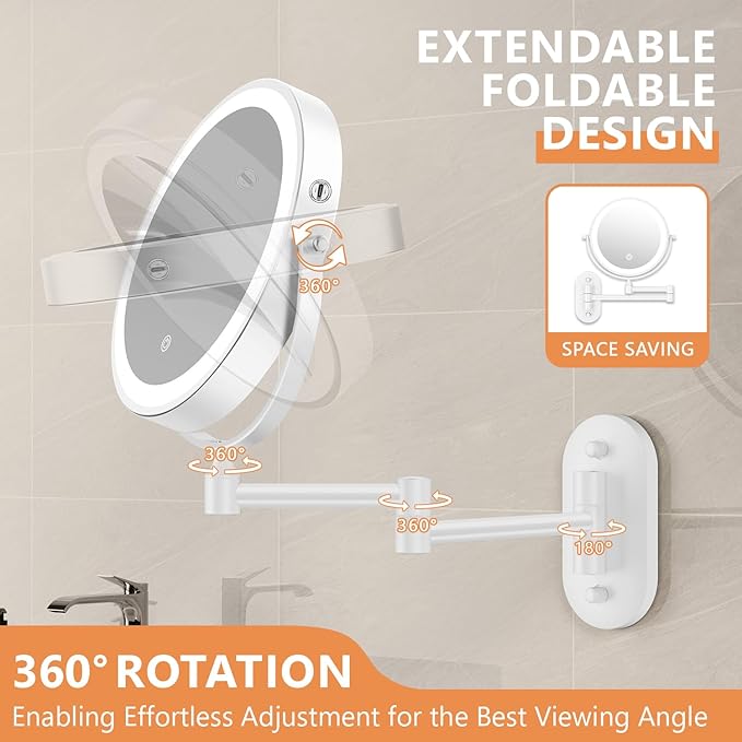 1X/20X Wall Mounted Makeup Mirror with Light, 8" Double-Sided Magnifying Mirror, 3 Color Lights Touch Dimmable Vanity Mirror with 360° Extension Rotation Foldable 14.5 Inch Arm for Bathroom