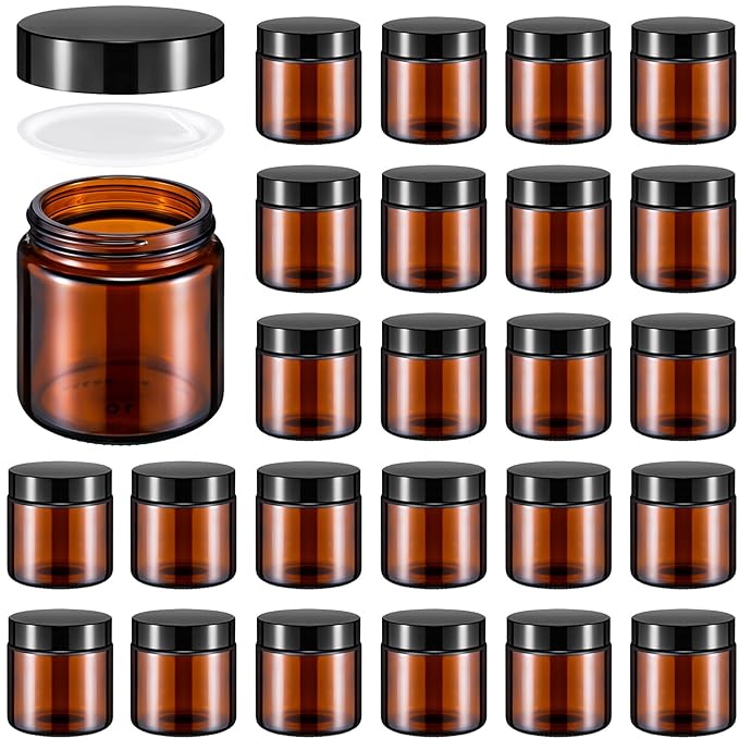 Norme 24 Pcs 4 oz Glass Jars with Lids Leakproof Round Airtight Empty Cosmetic Jars with Inner Liners Lid for Storing Lotions Powder Ointments Candle Making (Black,Amber)