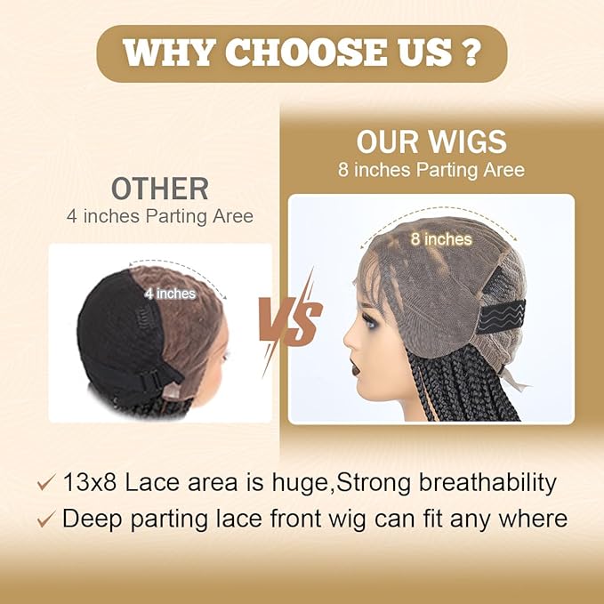 13x8 HD Lace Boho Braided Wigs for Black Women, 18 inch Knotless Box Braid Wig with Curly Hair, Medium Boho Box Braid Wig