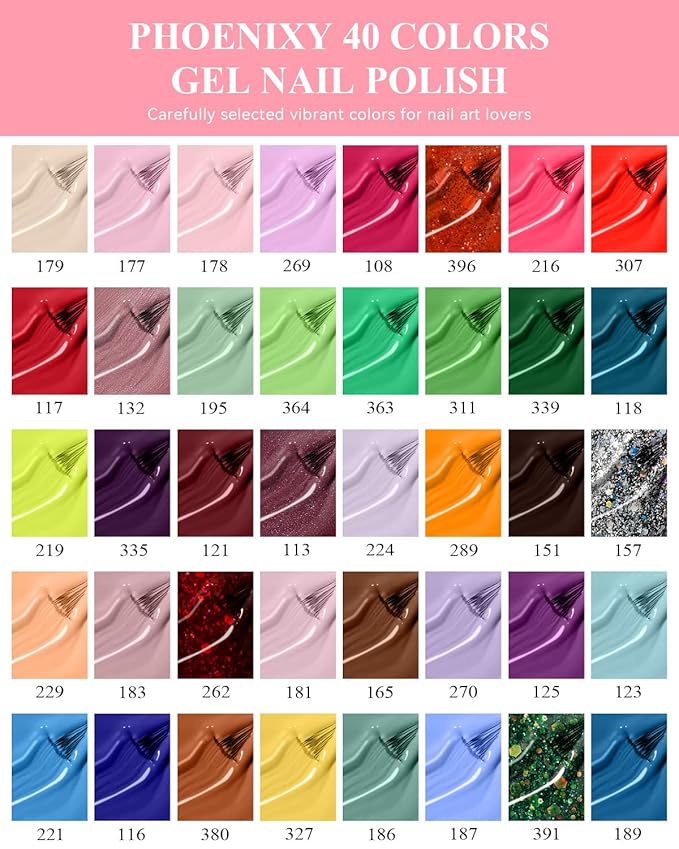 PHOENIXY 61 PCS Gel Nail Polish Kit with U V Light, 40 Colors Gel Nail Kit Manicure Starter Nail Polish Set Base Top Coat Gifts for Women SS9010