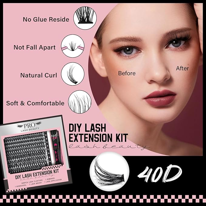 DIY Lash Extension Kit 300 Pcs Lash Clusters D Curl, Mix Eyelash Clusters Individual Lashes Kit Lash Bond And Seal Lash Remover Eyelash Brush Lash Tweezer Self Apply At Home(40D-9-18mix Kit)
