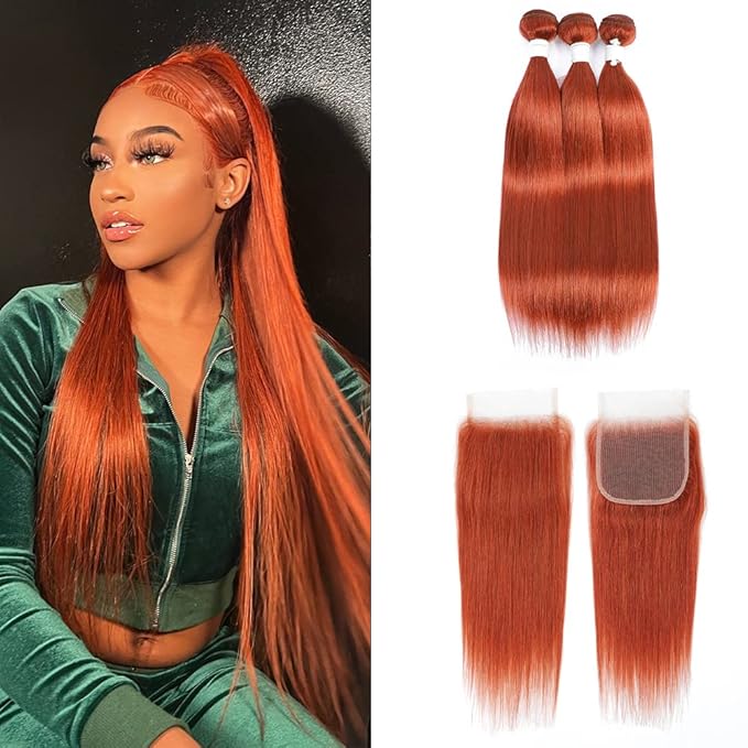 REMY HAIR Burnt Orange Straight Human Hair Bundles with 4×4 Lace Closure Brazilian Remy Unprocessed Virgin Hair Extensions #350 (22 24 26 + C20)