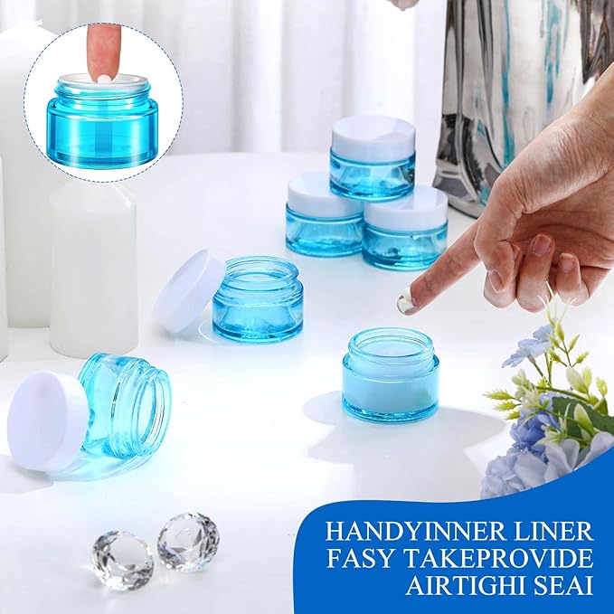 Domensi 60 Pcs 1oz Glass Jars with Lids Bulk Salve Tins Small Glass Candle Cosmetic Jars for Travel with Inner Liners Containers for Lotions Sample Cream(Light Blue, White Lids)