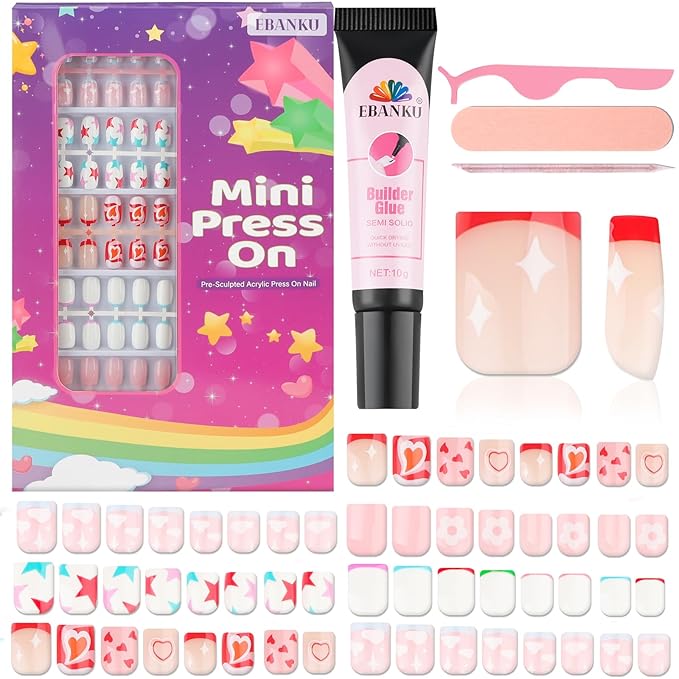 130 Pieces Press on Nails for Kids, EBANKU 5 Pack Kid Fake Nail Kit Old Cute Clouds Flower Heart Star Press on Nails for girls 8-12 Years with Jelly Nail Adhesives & Nail Builder Glue