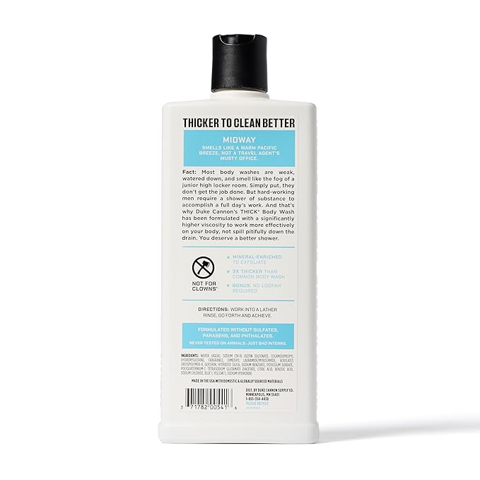 Duke Cannon Supply Co. Thick High Viscosity Body Wash - 3X Thicker, Plant-Based, Mineral-Enriched - Shower Gel for Men, Body Scrub - Midway, 3 Pack (18 oz)