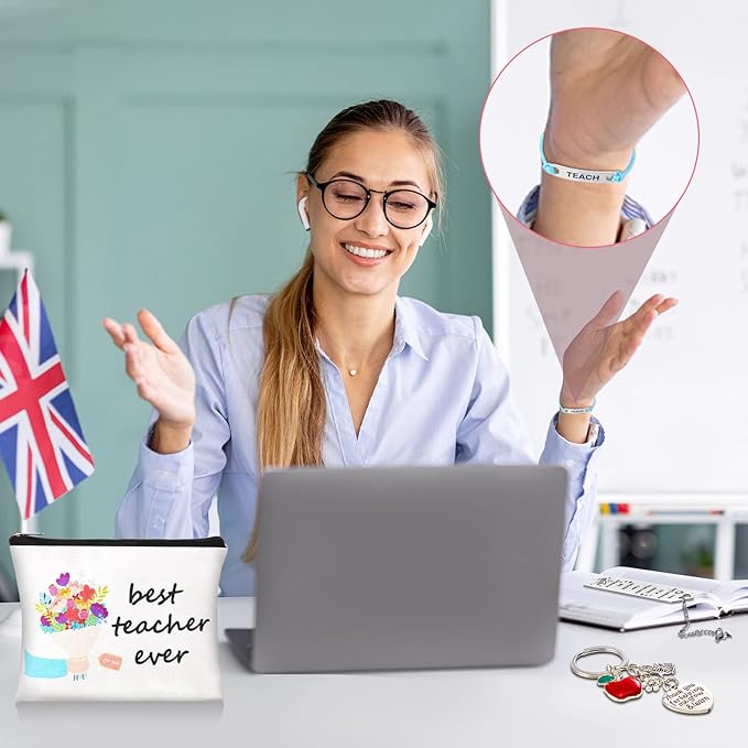 LEIFIDE 24 Pcs Teacher Appreciation Gifts Set, Thank You Birthday Gifts for Teachers 6 Teacher Cosmetic Bag 6 Teacher Blessing Card Bracelet 6 Bookmarks 6 Keychain for Women Teachers Day Graduation