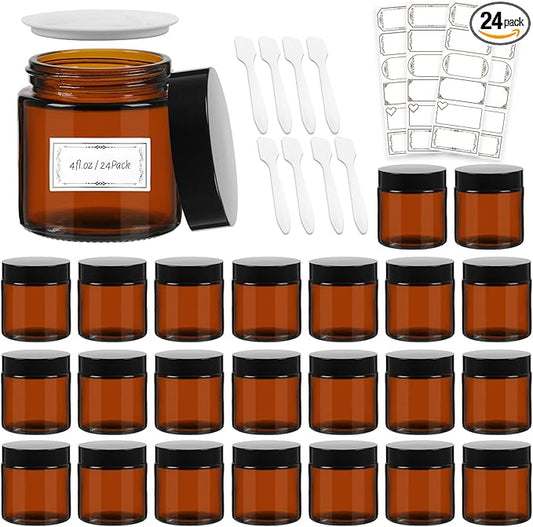 AuroTrends 4 oz Amber Glas Jars with Lids 24Pack, Portable Amber Round Empty Glass Candle Jars with Lids/Body Butters Containers/Body Butter Jar (4 fl. oz, Set of 24)