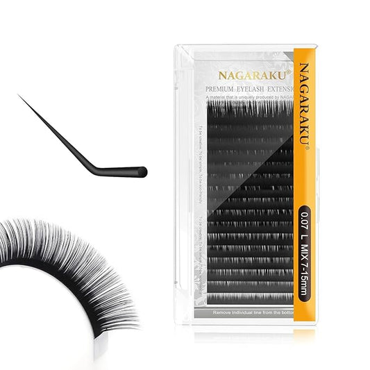 NAGARAKU Eyelash Extension Individual Lashes 0.07 L curl 7-15mm Mix Tray Classic Faux Mink 16 rows Matte Black Soft Natural