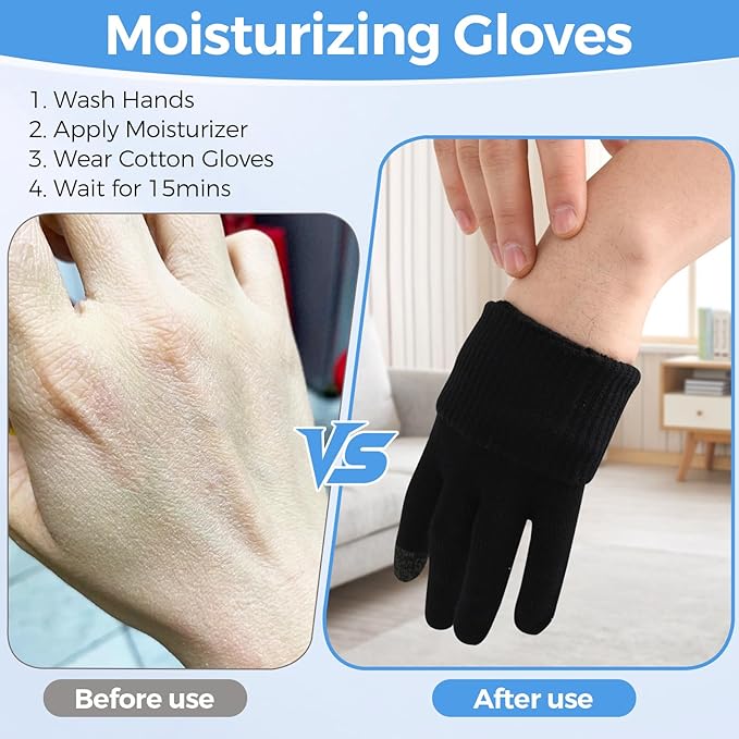 Donfri 10 Pairs Cotton Moisturizing Gloves Men Touchscreen Fingers for Eczema Dry Hands Hand Care Overnight Moisturizing (Medium-Black)