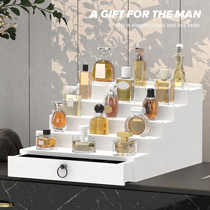 Cologne Organizer for Men, 5 Tier White Cologne Shelf, Perfume Stand with Drawer and Hidden Compartment Perfume Display Holder - A Gift for Men