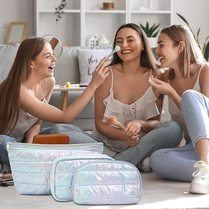 Hiroyuki 3pcs Iridescent Quilted Makeup Bag (plain, cyan)