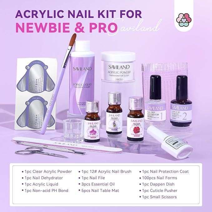 SAVILAND Acrylic Nail Kit with 100% Essential Oil - 2oz Clear Acrylic Powder and Liquid Set 120ml with Nail Practice Mat Dehydrator Primer Professional Acrylic Nail Kit Set for Beginners DIY Nail Art