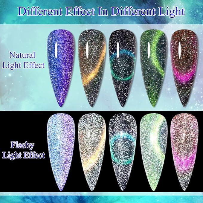 MIZHSE Reflective Glitter 9D Cat Eye Gel Nail Polish, Galaxy Magnetic Gel Polish Set with Magnet Stick, Holographic Chameleon Shimmery Effect Soak Off Nail Art Manicure Kit