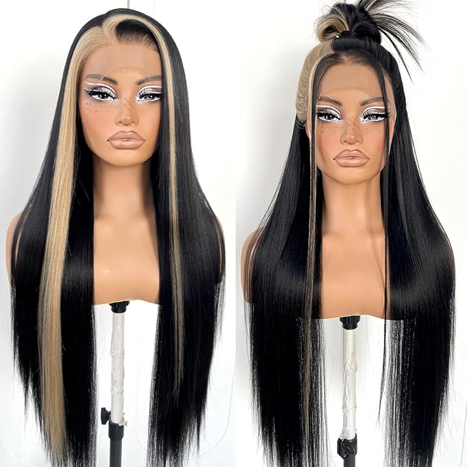 360 Skunk Srtipe Lace Front Wig Pre-Plucked Straight HD Glueless Lace Front Wig Synthetic Highlights Long Straight Lace Front Wig 32inch