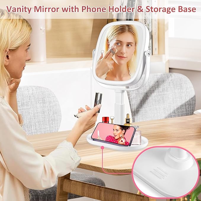Lighted Makeup Mirror, Height Adjustable 1x/7x Magnifying Vanity Mirror, 2600mAh Rechargeable Makeup Mirror with Lights 3 Color, Double Sided 360° Rotation Desk Travel Mirror, Gifts for Women