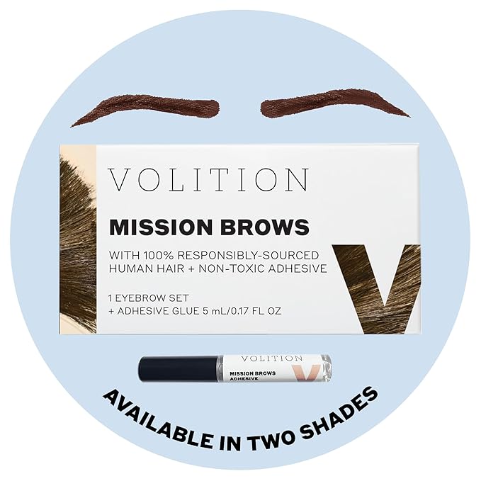 Volition Beauty Mission Brows, Dark Brown - Eyebrow Wigs Made of Responsibly-Sourced Human Hair - Long-Lasting, Realistic False Eyebrow Alternative with Easy Application